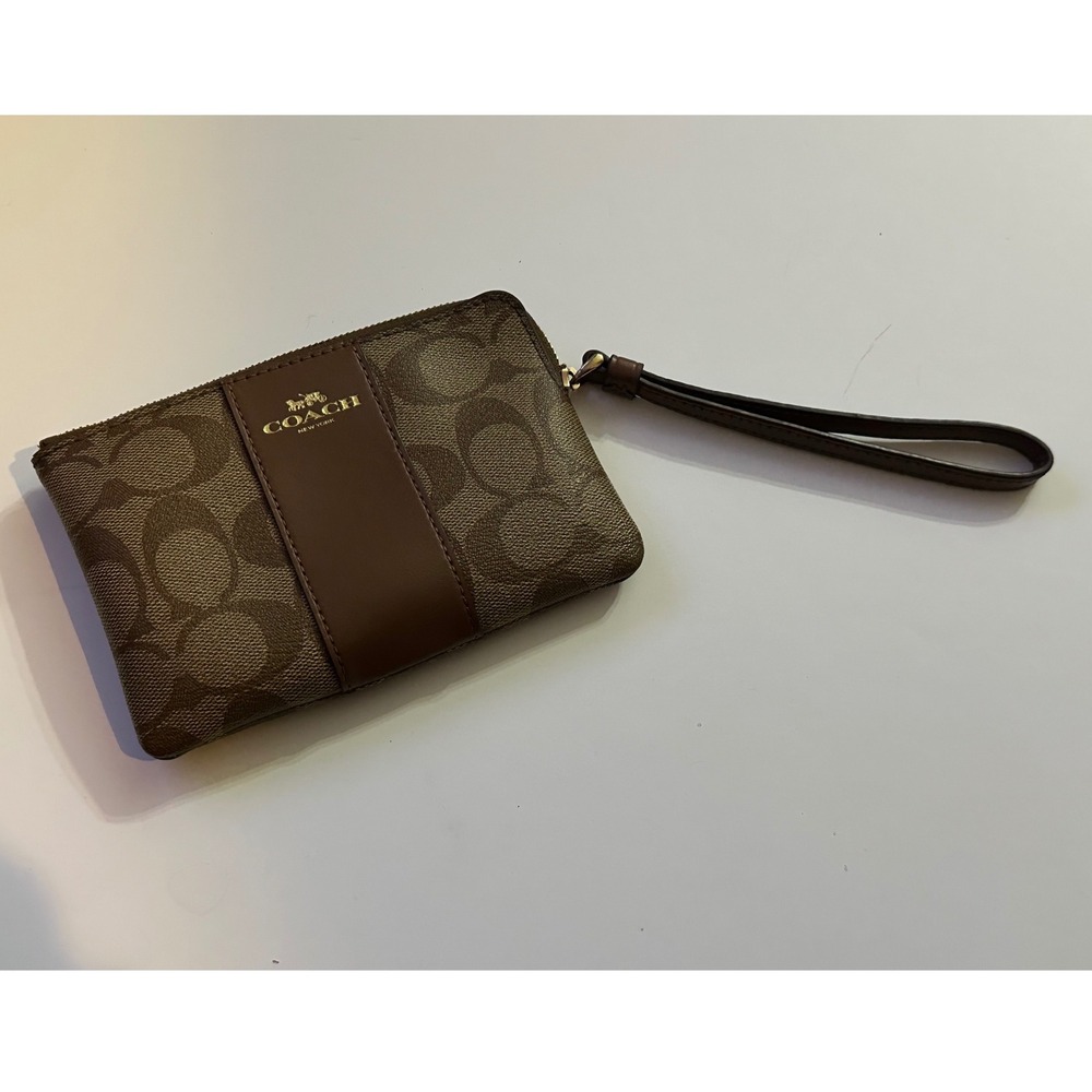 Coach Signature C Canvas Brown Leather‎ Wristlet Pouch Wallet Clutch